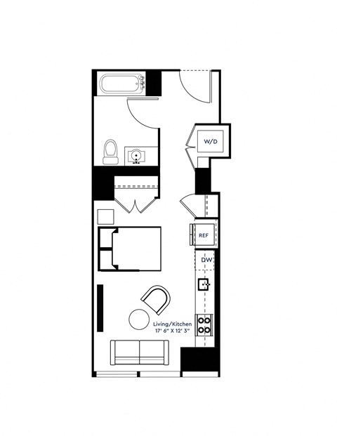 a floor plan of a small apartment with a bedroom and a living room at The Grand Central, Illinois